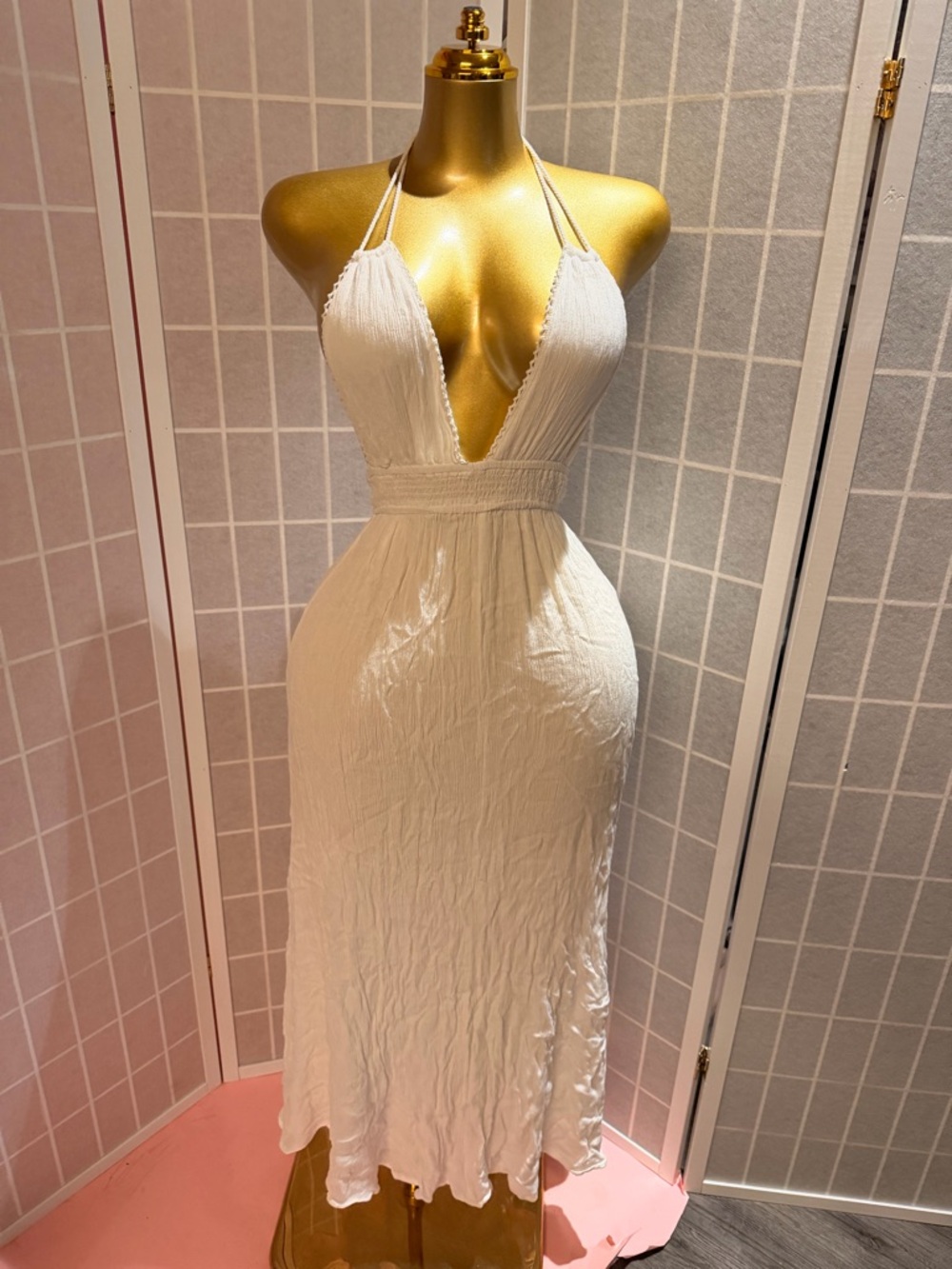 White Halter Midi Dress with Deep V